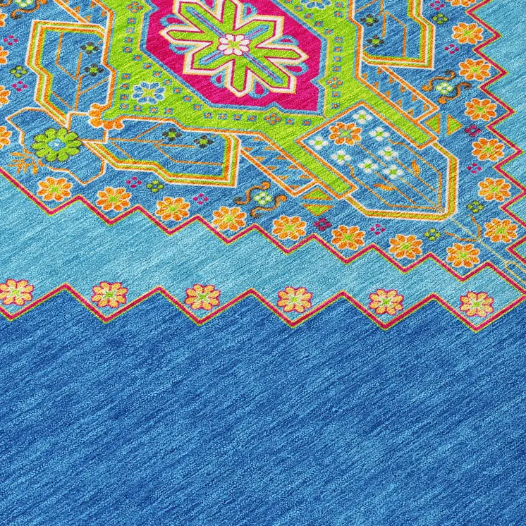 8' Denim Blue Red And Green Round Oriental Washable Indoor Outdoor Area Rug
