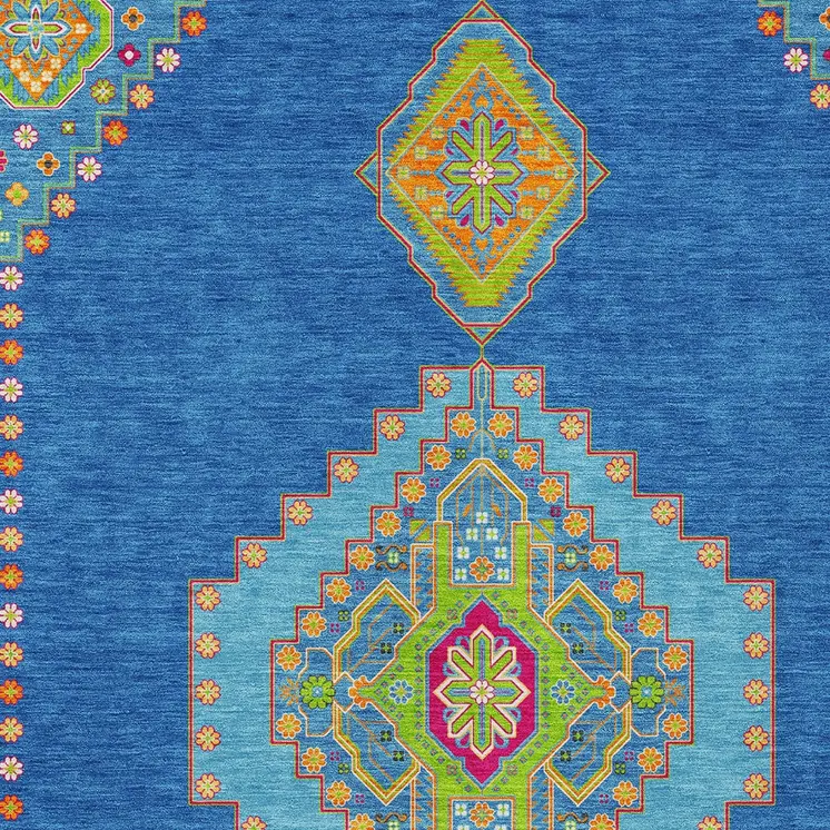 8' X 10' Denim Blue Red And Green Oriental Washable Indoor Outdoor Area Rug