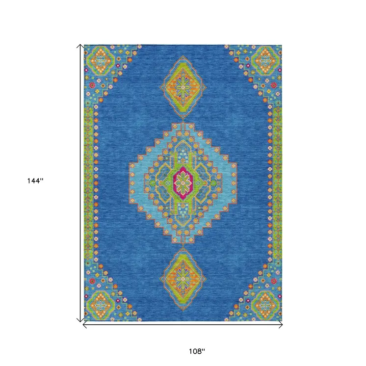 9' X 12' Denim Blue Red And Green Oriental Washable Indoor Outdoor Area Rug