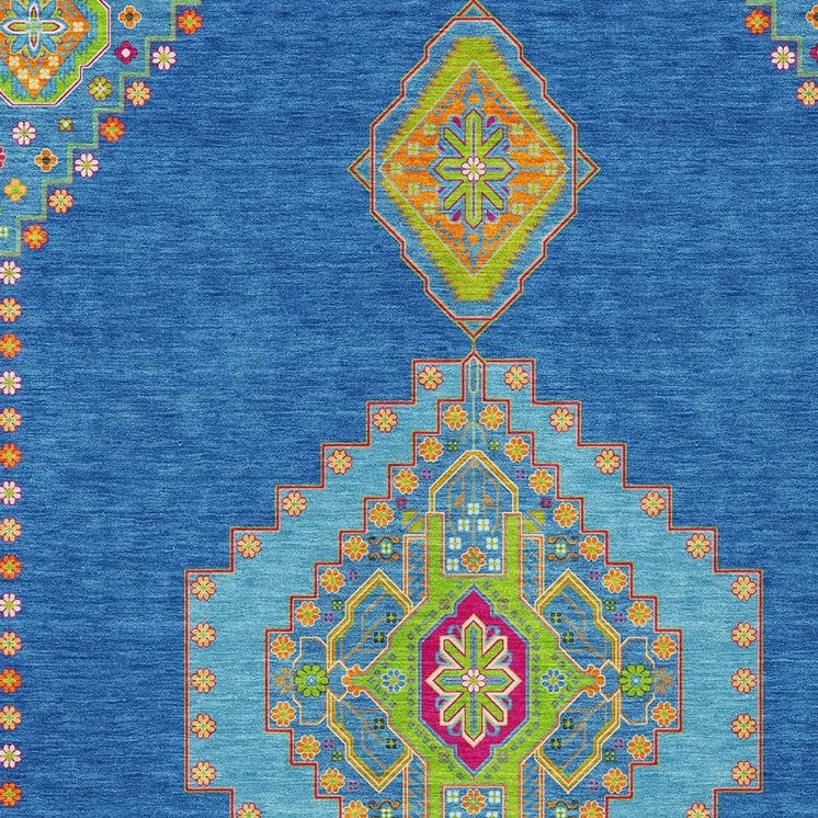 9' X 12' Denim Blue Red And Green Oriental Washable Indoor Outdoor Area Rug