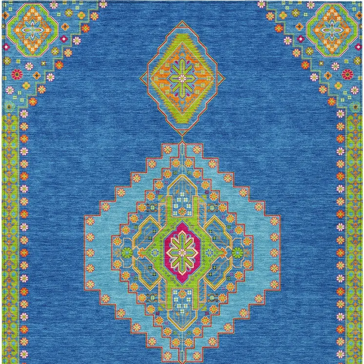 9' X 12' Denim Blue Red And Green Oriental Washable Indoor Outdoor Area Rug