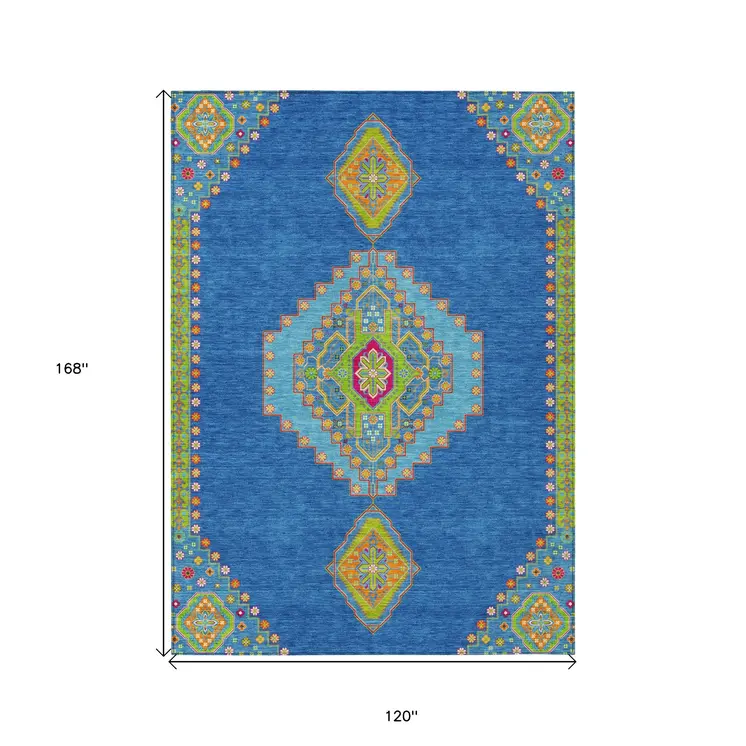 10' X 14' Denim Blue Red And Green Oriental Washable Indoor Outdoor Area Rug