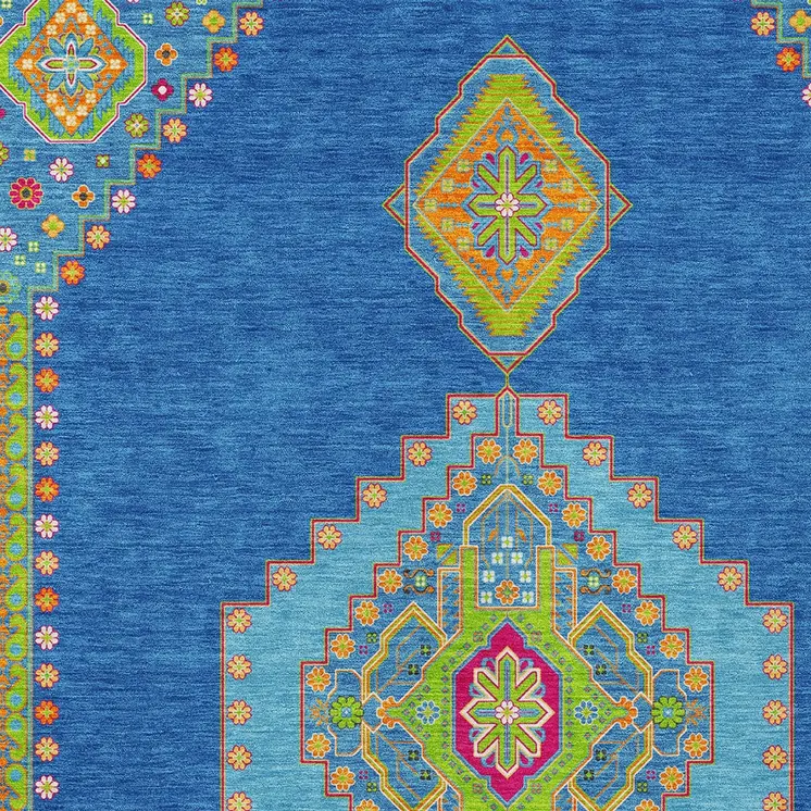 10' X 14' Denim Blue Red And Green Oriental Washable Indoor Outdoor Area Rug