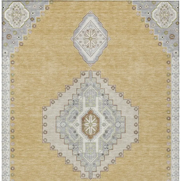 5' X 8' Gold Gray And Ivory Oriental Washable Indoor Outdoor Area Rug