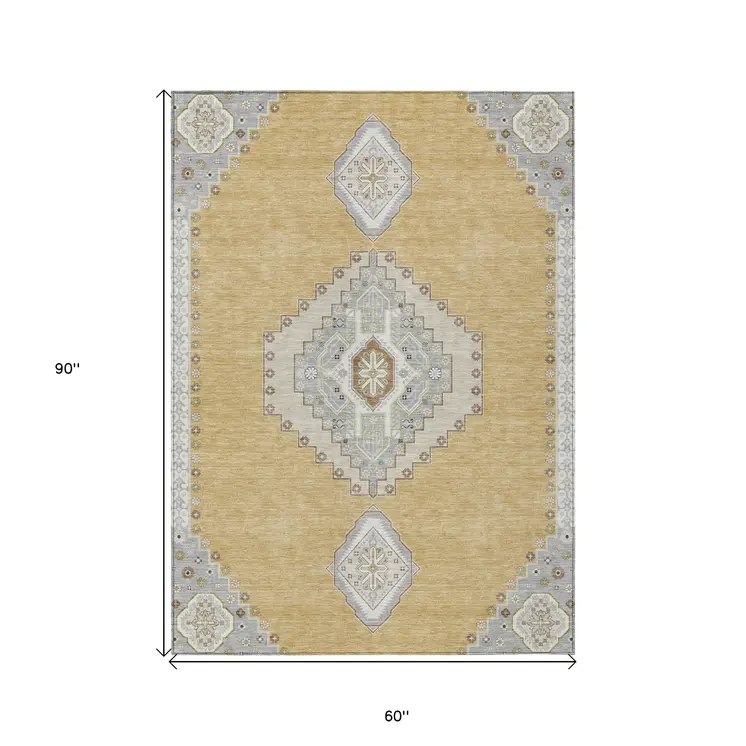 5' X 8' Gold Gray And Ivory Oriental Washable Indoor Outdoor Area Rug