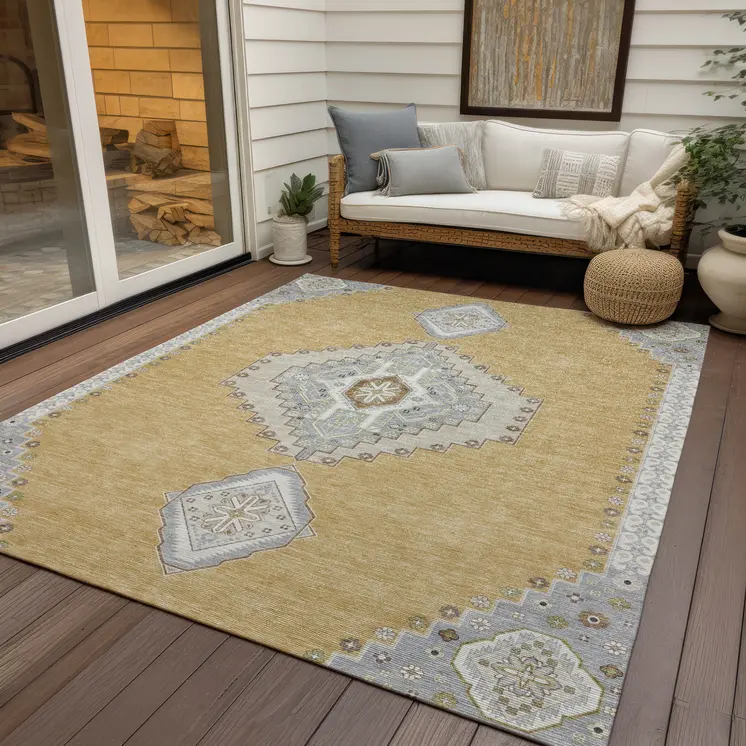 5' X 8' Gold Gray And Ivory Oriental Washable Indoor Outdoor Area Rug