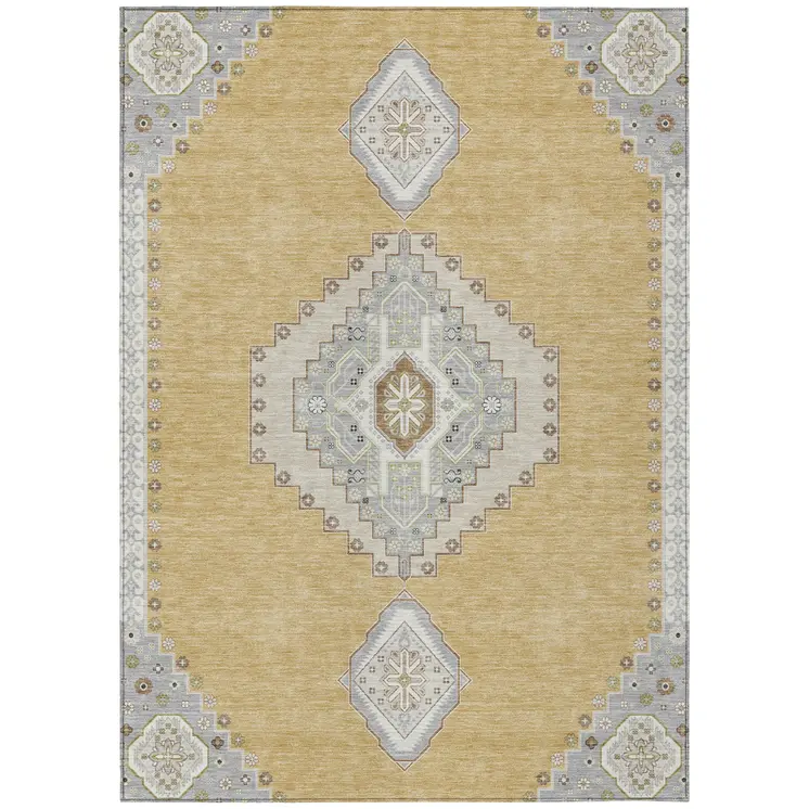 5' X 8' Gold Gray And Ivory Oriental Washable Indoor Outdoor Area Rug