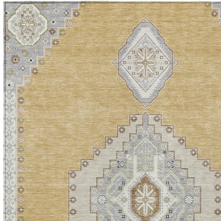 5' X 8' Gold Gray And Ivory Oriental Washable Indoor Outdoor Area Rug