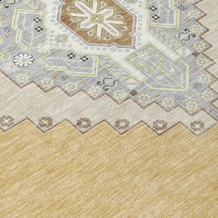 5' X 8' Gold Gray And Ivory Oriental Washable Indoor Outdoor Area Rug