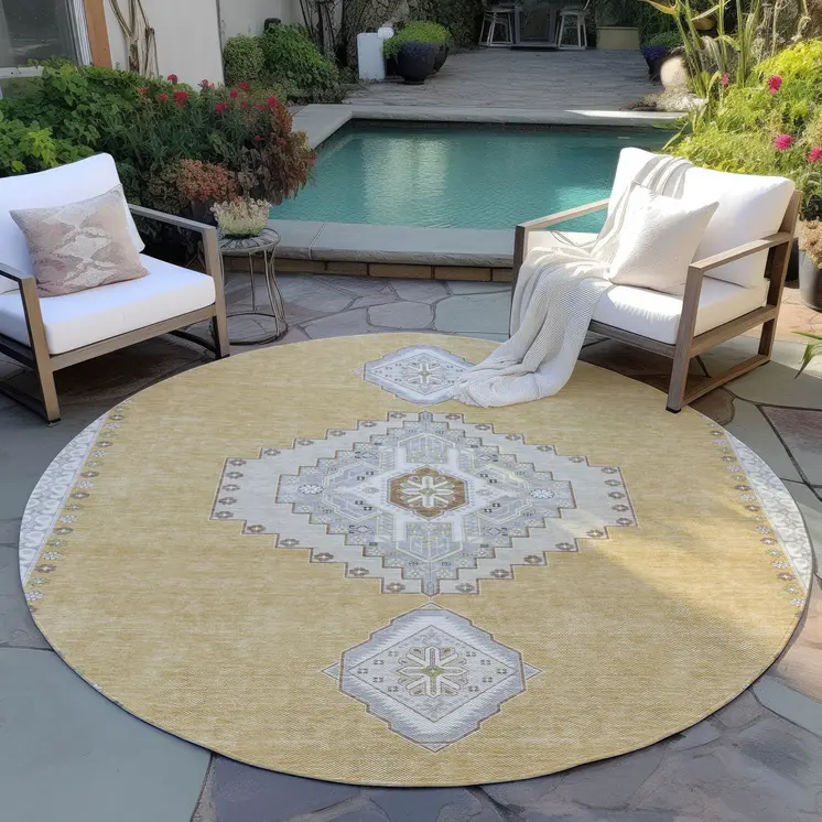 8' Gold Gray And Ivory Round Oriental Washable Indoor Outdoor Area Rug