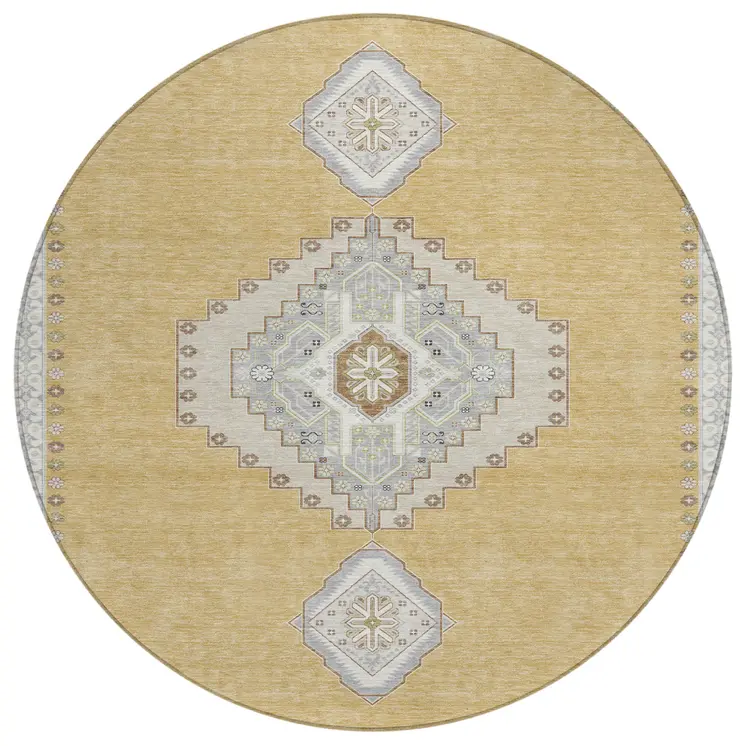 8' Gold Gray And Ivory Round Oriental Washable Indoor Outdoor Area Rug