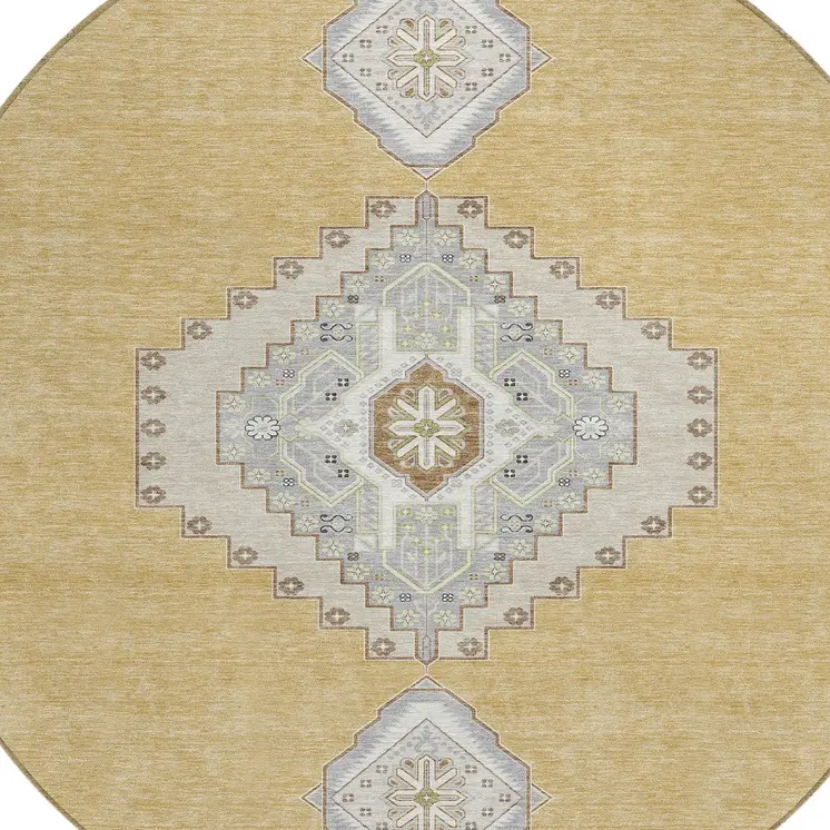 8' Gold Gray And Ivory Round Oriental Washable Indoor Outdoor Area Rug