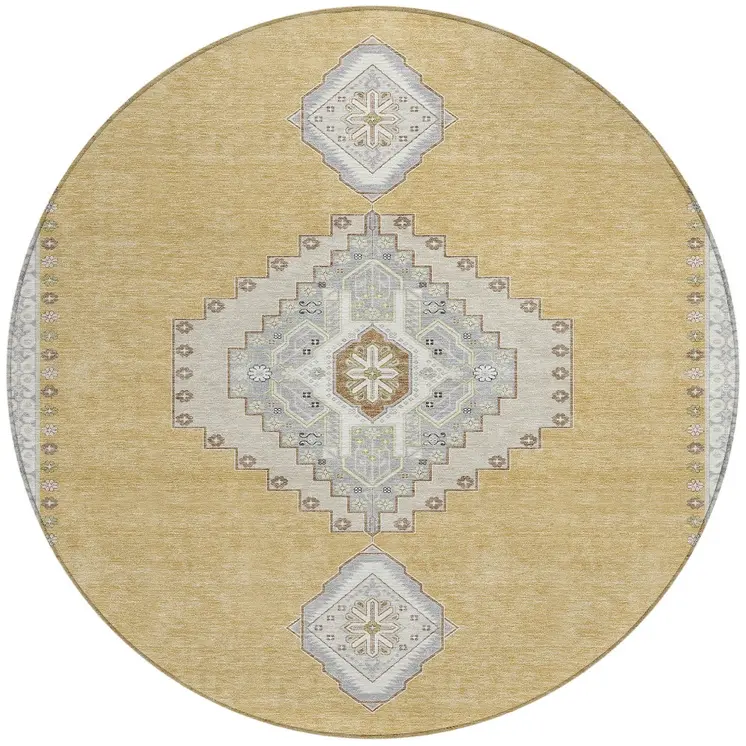 8' Gold Gray And Ivory Round Oriental Washable Indoor Outdoor Area Rug
