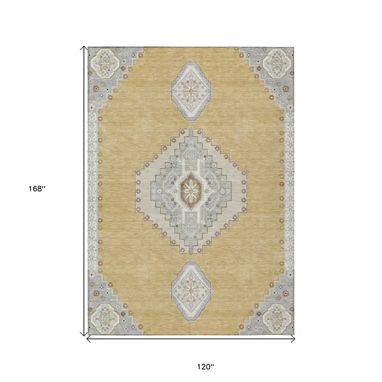 10' X 14' Gold Gray And Ivory Oriental Washable Indoor Outdoor Area Rug