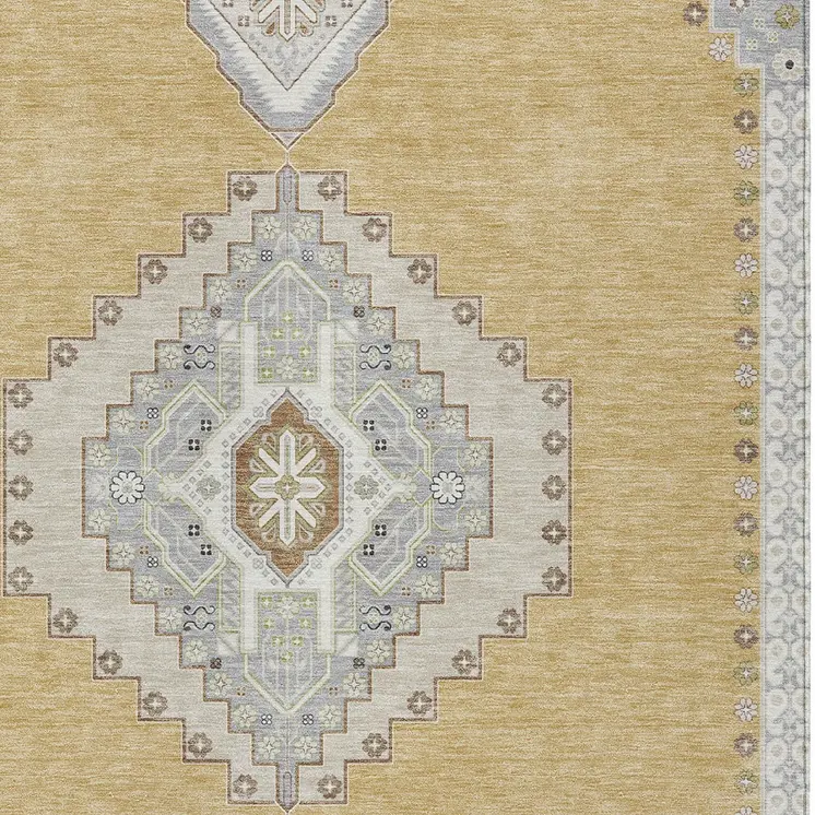 10' X 14' Gold Gray And Ivory Oriental Washable Indoor Outdoor Area Rug