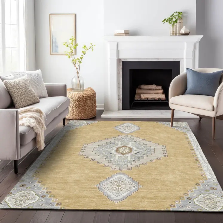 10' X 14' Gold Gray And Ivory Oriental Washable Indoor Outdoor Area Rug