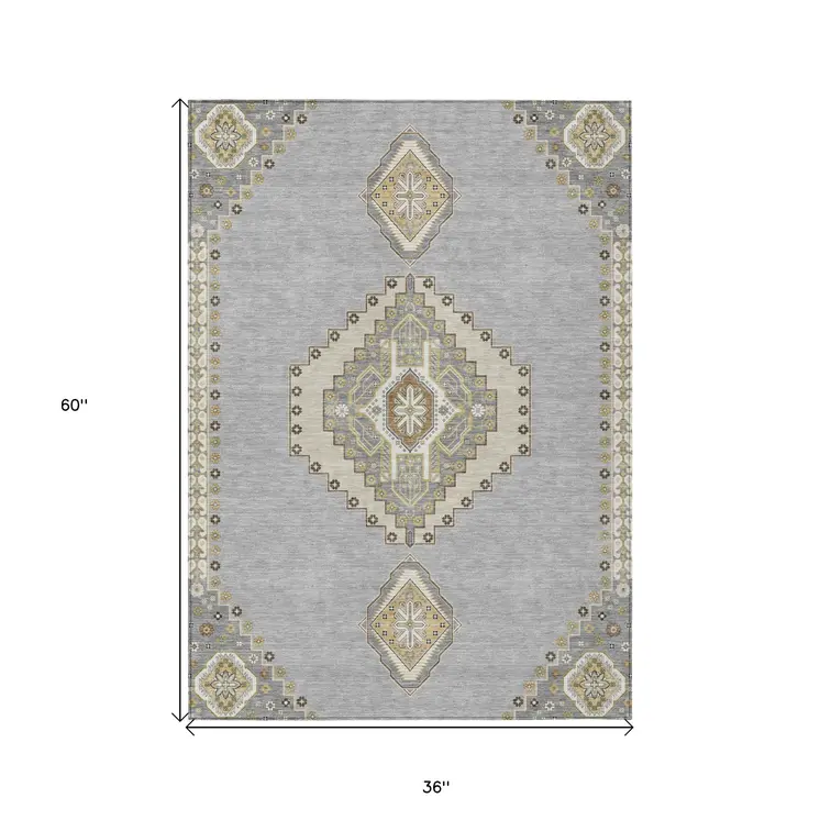 3' X 5' Gray Beige And Ivory Oriental Washable Indoor Outdoor Area Rug