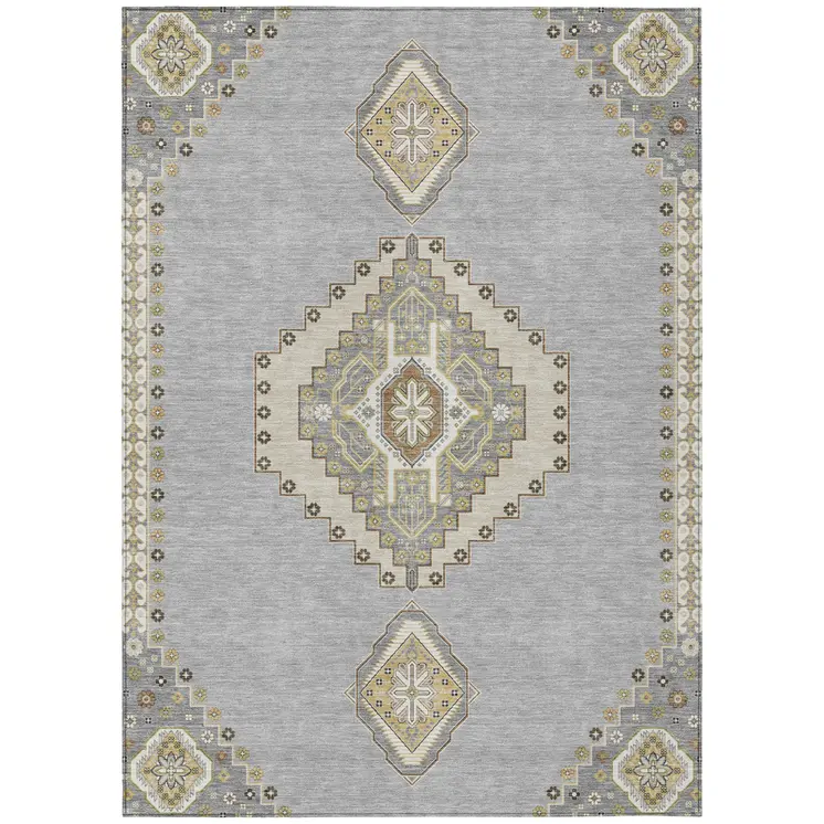 3' X 5' Gray Beige And Ivory Oriental Washable Indoor Outdoor Area Rug