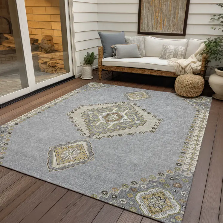 5' X 8' Gray Beige And Ivory Oriental Washable Indoor Outdoor Area Rug