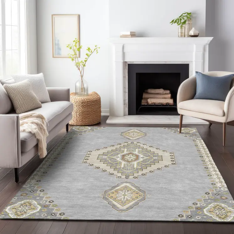 5' X 8' Gray Beige And Ivory Oriental Washable Indoor Outdoor Area Rug