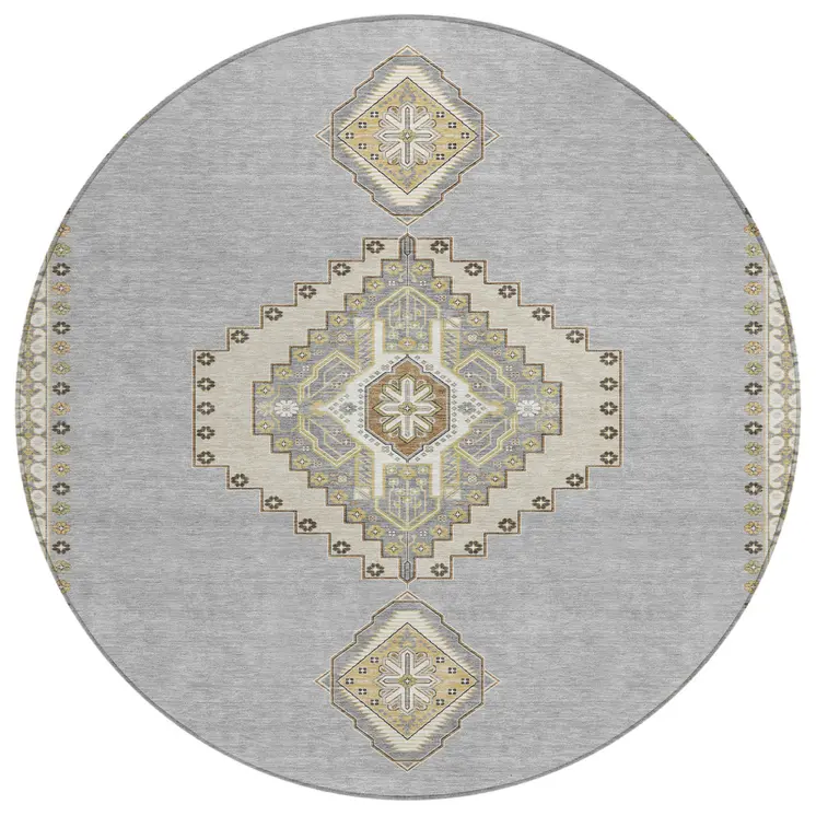 8' Gray Beige And Ivory Round Oriental Washable Indoor Outdoor Area Rug