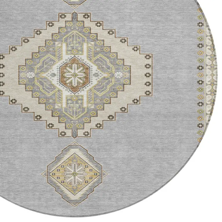 8' Gray Beige And Ivory Round Oriental Washable Indoor Outdoor Area Rug