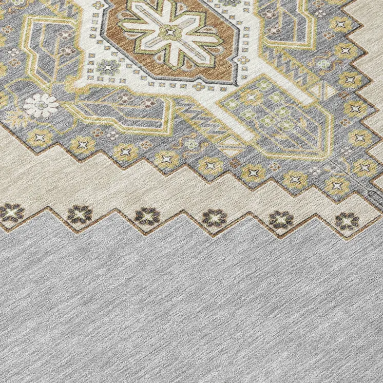8' Gray Beige And Ivory Round Oriental Washable Indoor Outdoor Area Rug