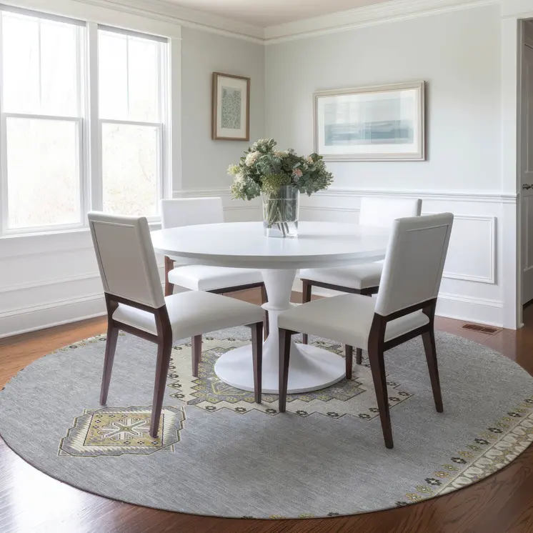 8' Gray Beige And Ivory Round Oriental Washable Indoor Outdoor Area Rug