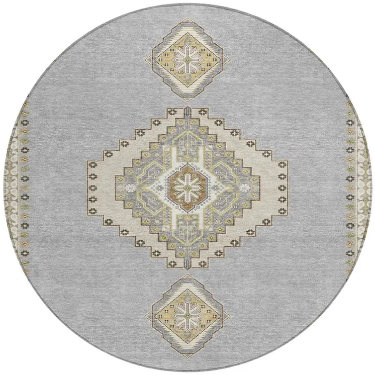8' Gray Beige And Ivory Round Oriental Washable Indoor Outdoor Area Rug