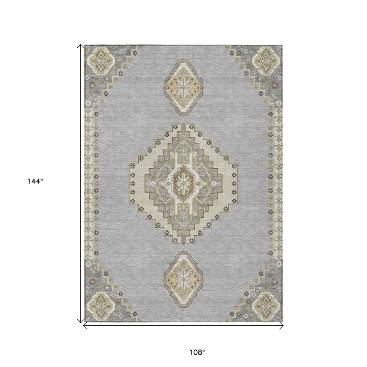 9' X 12' Gray Beige And Ivory Oriental Washable Indoor Outdoor Area Rug