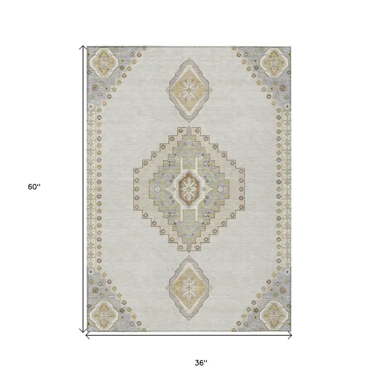3' X 5' Ivory Gray And Brown Oriental Washable Indoor Outdoor Area Rug