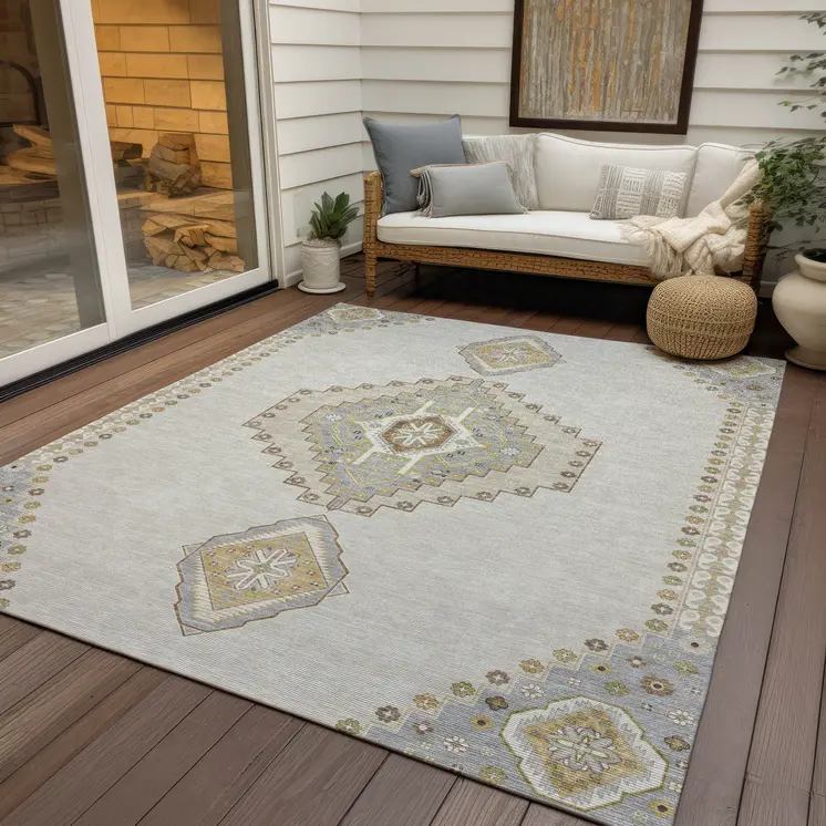 3' X 5' Ivory Gray And Brown Oriental Washable Indoor Outdoor Area Rug