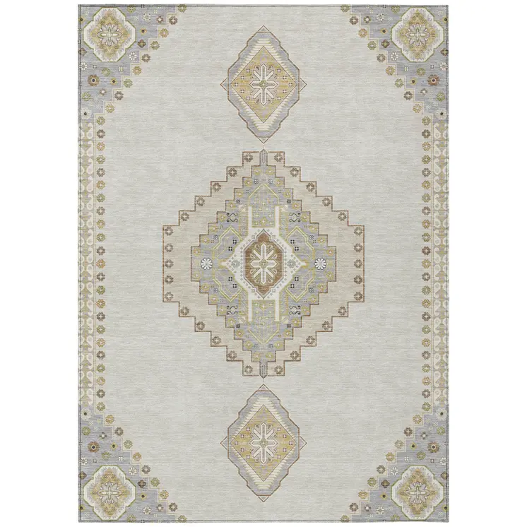 3' X 5' Ivory Gray And Brown Oriental Washable Indoor Outdoor Area Rug