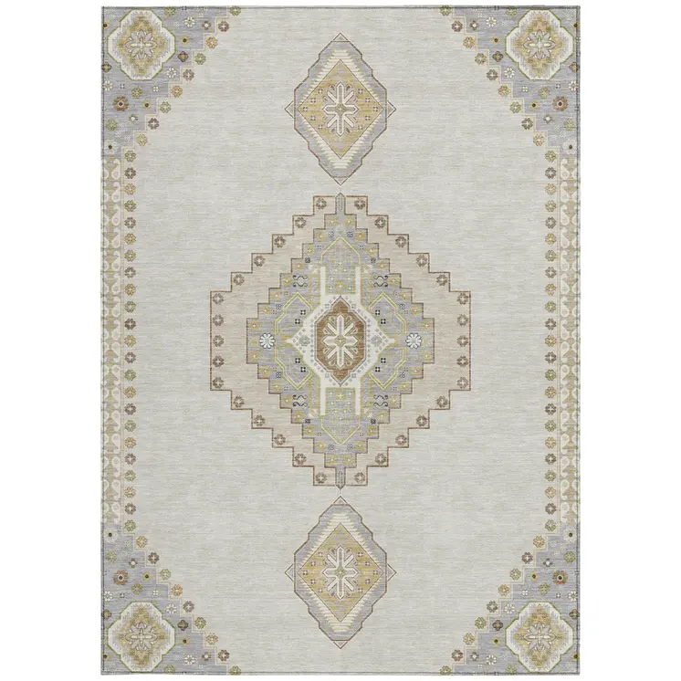 3' X 5' Ivory Gray And Brown Oriental Washable Indoor Outdoor Area Rug