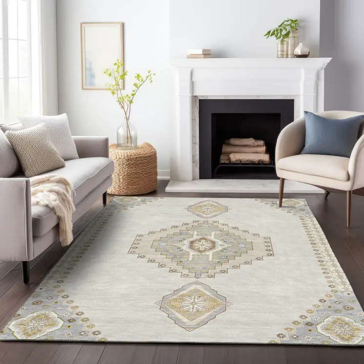 3' X 5' Ivory Gray And Brown Oriental Washable Indoor Outdoor Area Rug