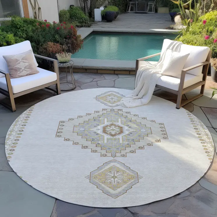 8' Ivory Gray And Brown Round Oriental Washable Indoor Outdoor Area Rug