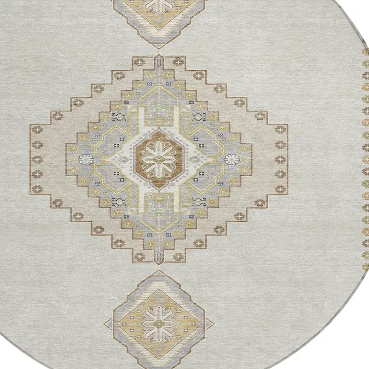 8' Ivory Gray And Brown Round Oriental Washable Indoor Outdoor Area Rug