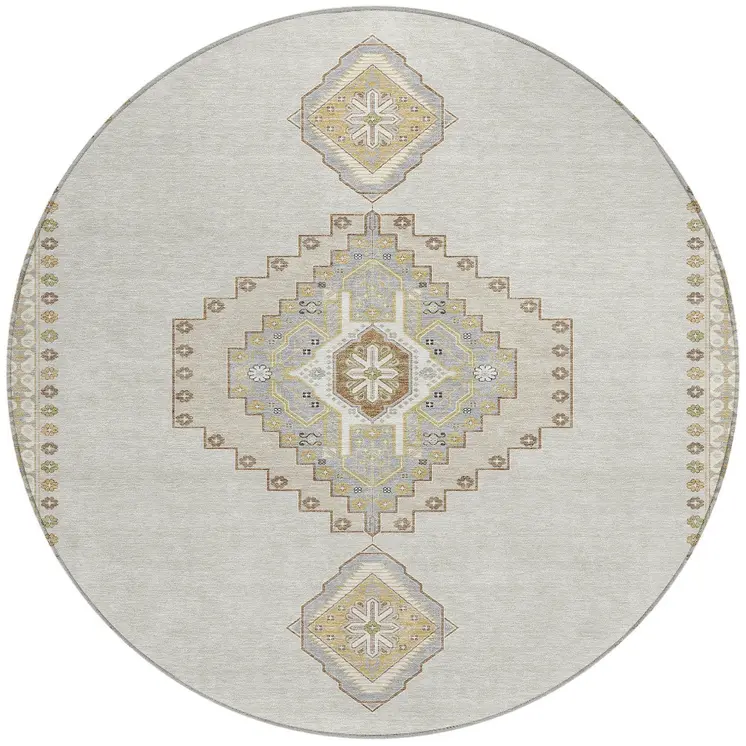 8' Ivory Gray And Brown Round Oriental Washable Indoor Outdoor Area Rug