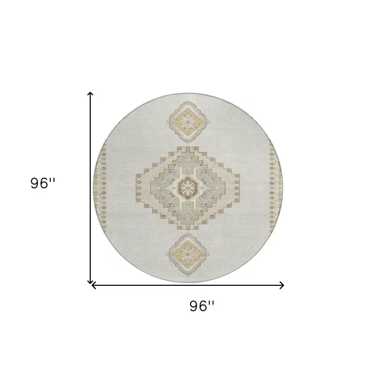 8' Ivory Gray And Brown Round Oriental Washable Indoor Outdoor Area Rug