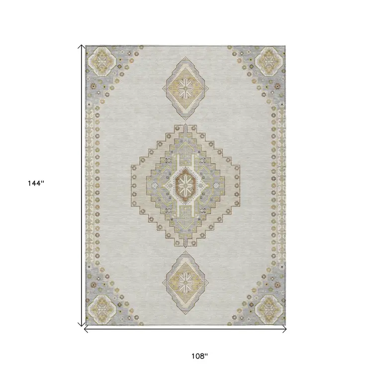 9' X 12' Ivory Gray And Brown Oriental Washable Indoor Outdoor Area Rug