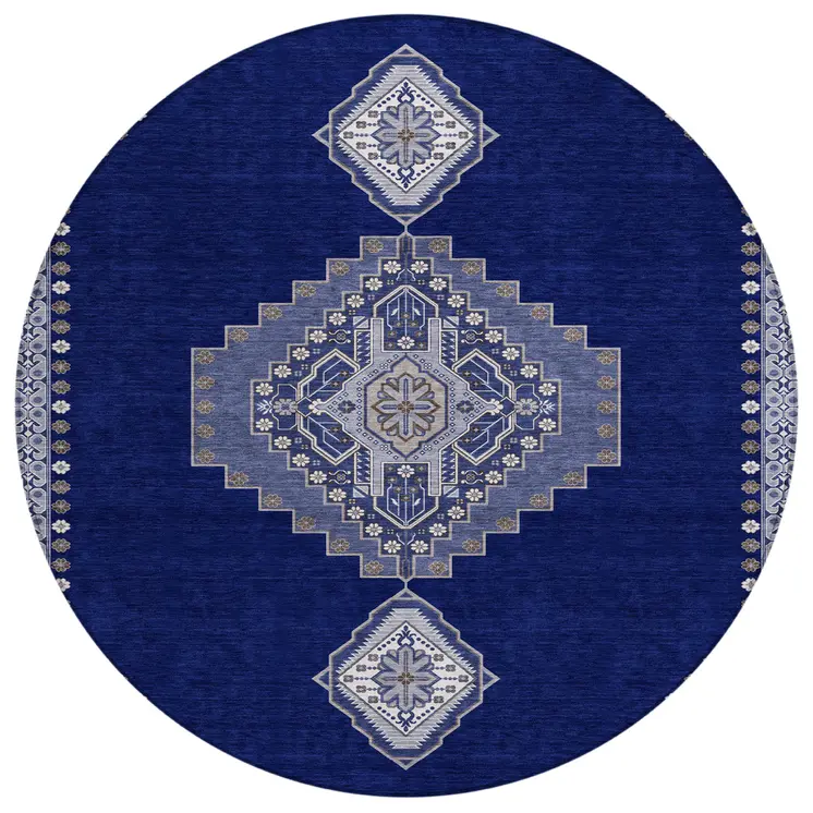 8' Navy Blue Gray And Brown Round Oriental Washable Indoor Outdoor Area Rug