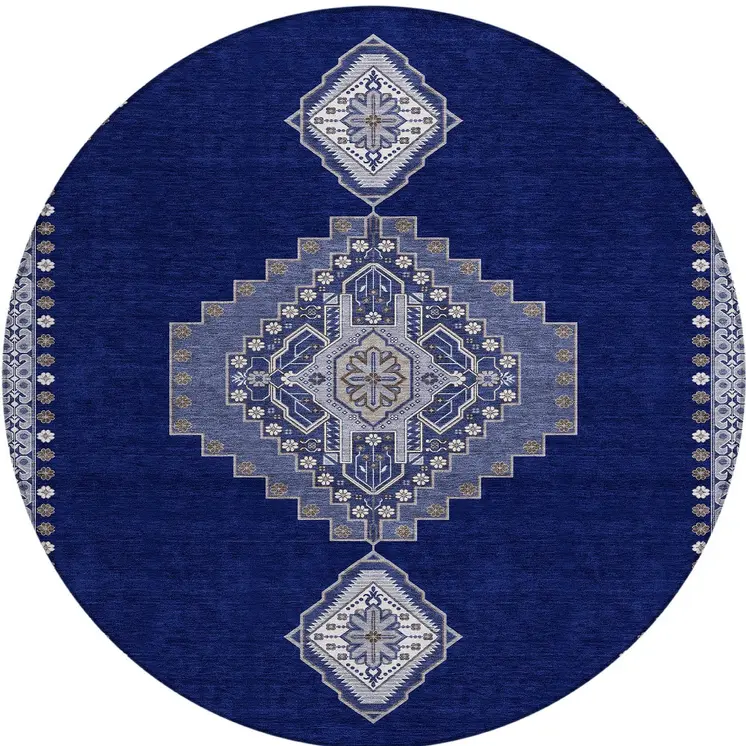 8' Navy Blue Gray And Brown Round Oriental Washable Indoor Outdoor Area Rug