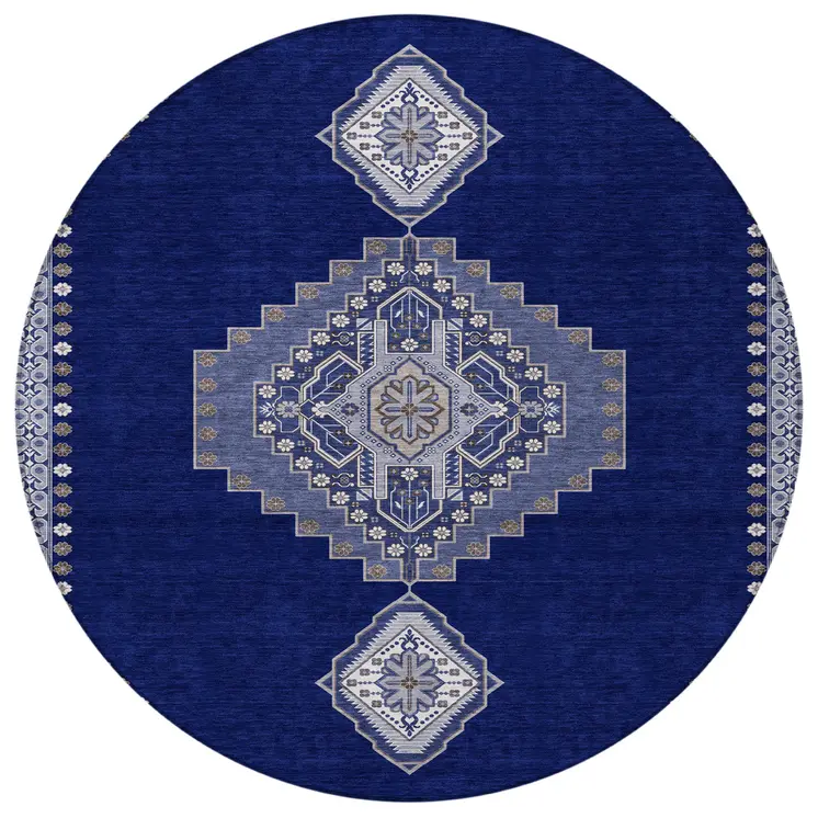 8' Navy Blue Gray And Brown Round Oriental Washable Indoor Outdoor Area Rug