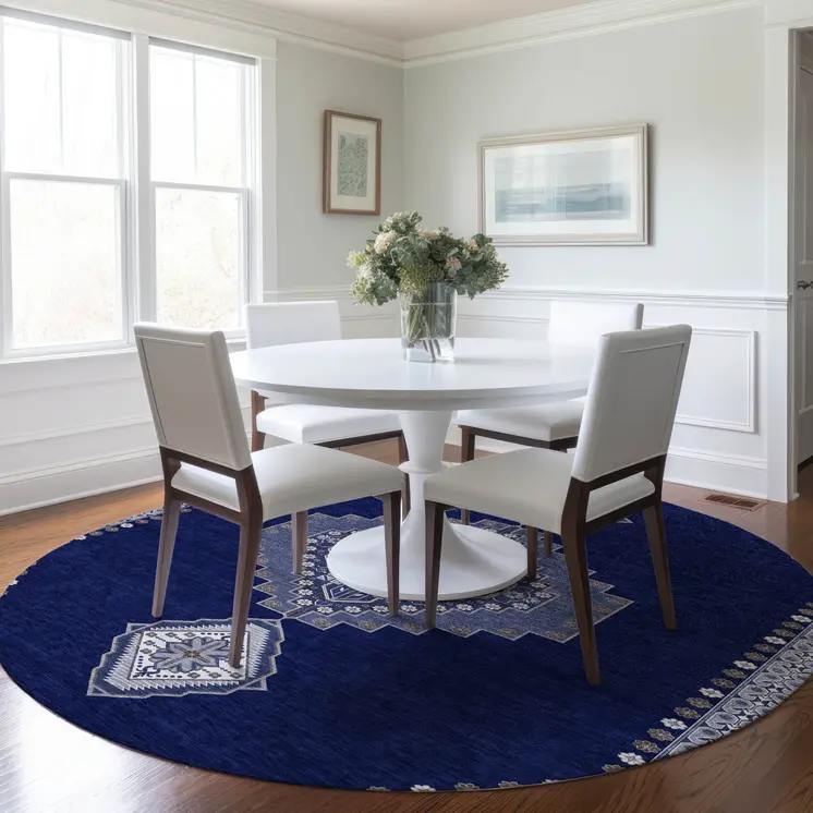 8' Navy Blue Gray And Brown Round Oriental Washable Indoor Outdoor Area Rug