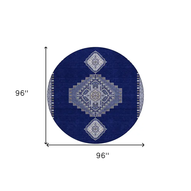 8' Navy Blue Gray And Brown Round Oriental Washable Indoor Outdoor Area Rug