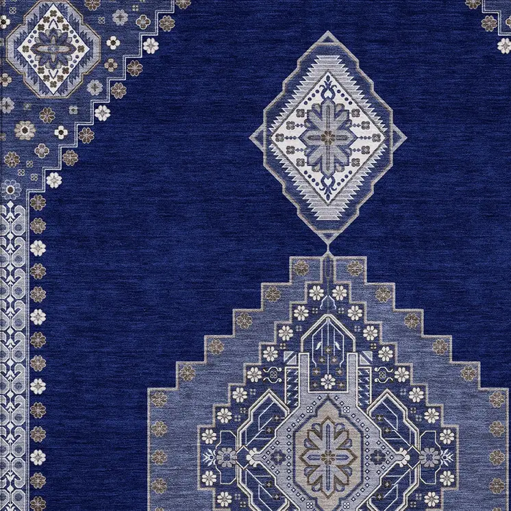 8' X 10' Navy Blue Gray And Brown Oriental Washable Indoor Outdoor Area Rug
