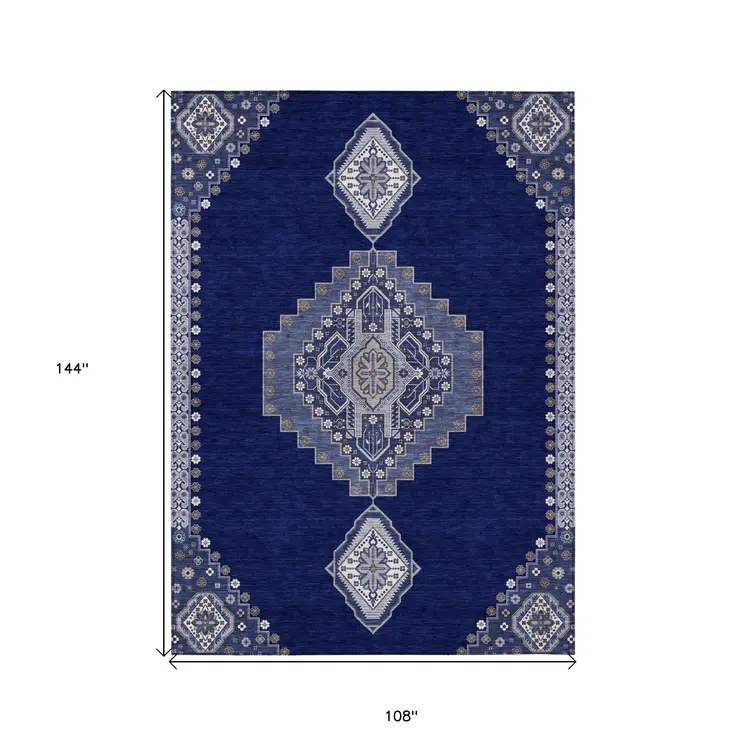 9' X 12' Navy Blue Gray And Brown Oriental Washable Indoor Outdoor Area Rug