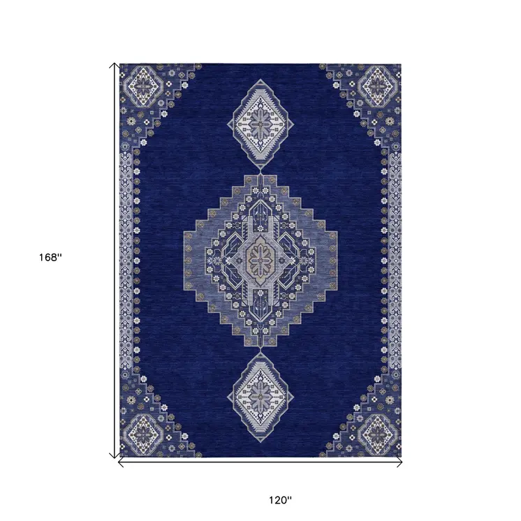 10' X 14' Navy Blue Gray And Brown Oriental Washable Indoor Outdoor Area Rug