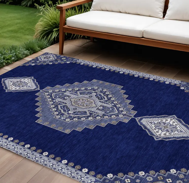 10' X 14' Navy Blue Gray And Brown Oriental Washable Indoor Outdoor Area Rug