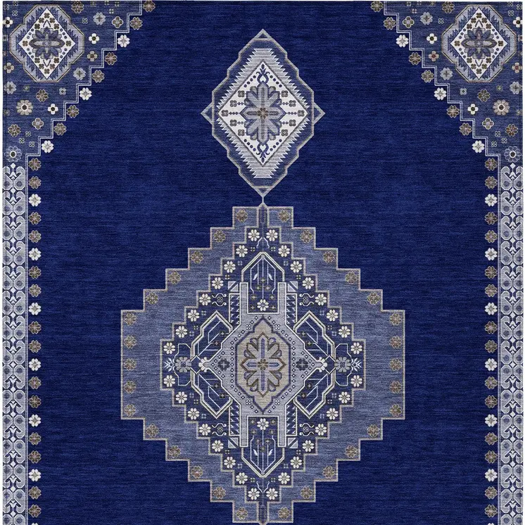 10' X 14' Navy Blue Gray And Brown Oriental Washable Indoor Outdoor Area Rug